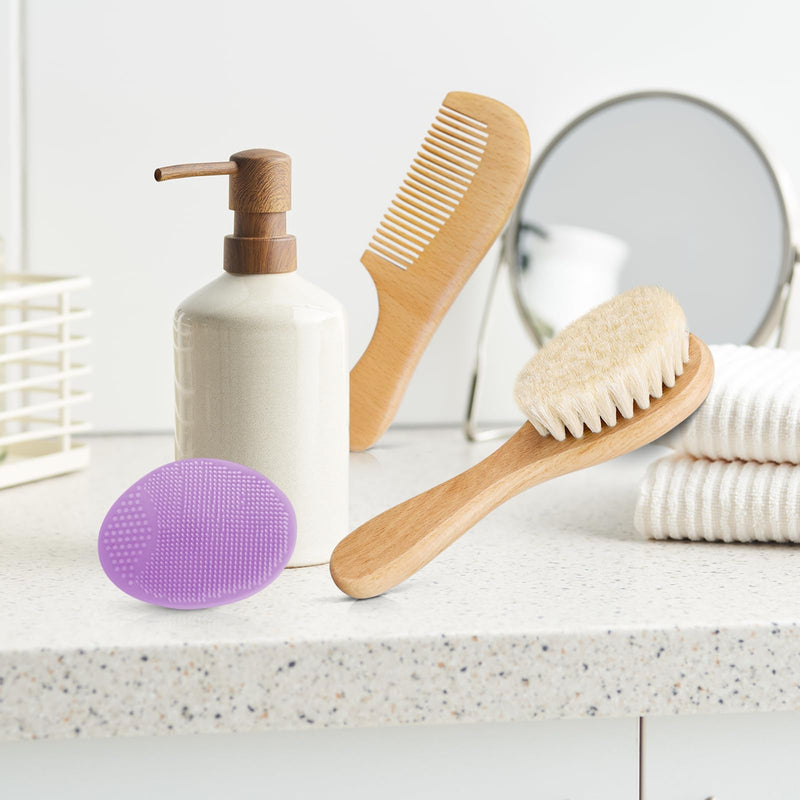 [Australia] - Baby Hair Brush with Wooden Handle and Comb Set for Newborns & Toddlers | Natural Soft Goat Bristles l Wood Comb l Blue Cradle Cap Brush| Ideal for Cradle Cap (3 Piece) Blue Silicone Brush (3pcs) 