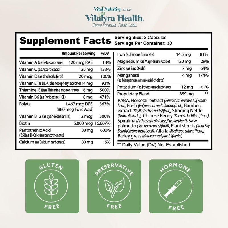 VITAL NUTRITIVE Biotin Hair Growth Vitamins - Hair, Skin & Nails Supplement | Biotin & B-complex for stronger hair, skin & nails. Hormone-free, gluten-free. For women & men. 120 count.