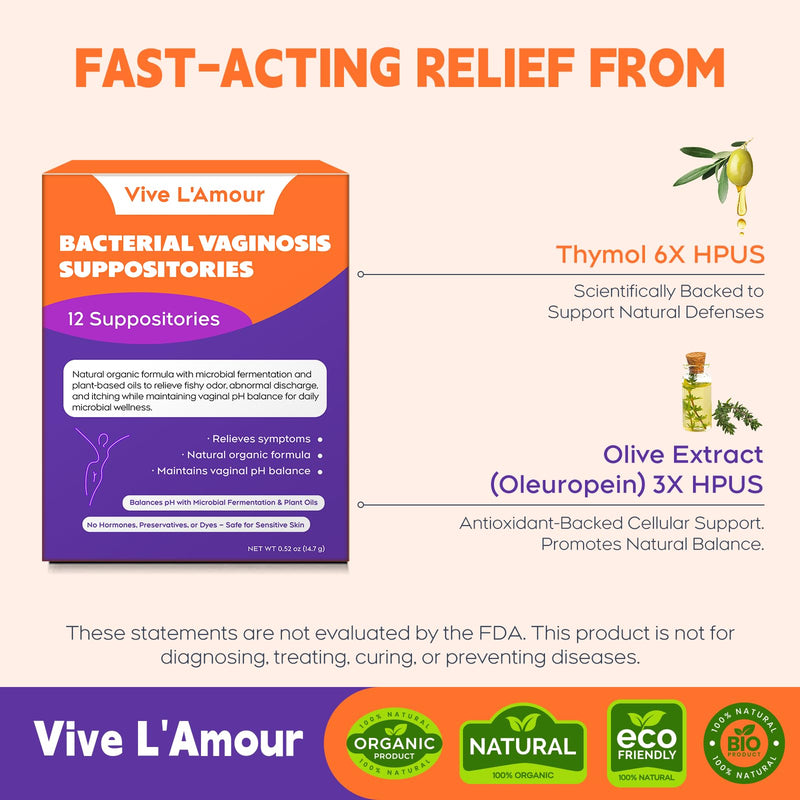[Australia] - Vive L'Amour Vaginal Suppositories | Relieves Bacterial Vaginosis (BV) Symptoms: Fishy Odor, Itching, Abnormal Discharge | Natural Plant-Based Formula | 12 Inserts 