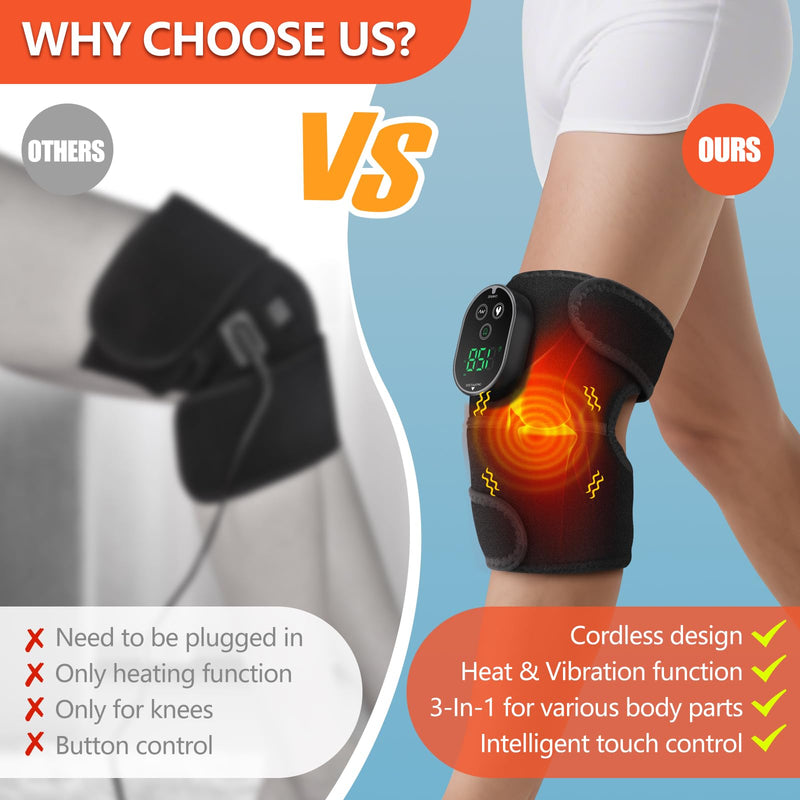 ERHIVORA Knee Massager with Heat, Cordless Knee Heating Pad for Pain Relief | 6 Heat & 3 Vibration Modes, 3000mAh Rechargeable Battery, with Extension Belt, for Knee, Elbow, Shoulder, Joint Discomfort Black1