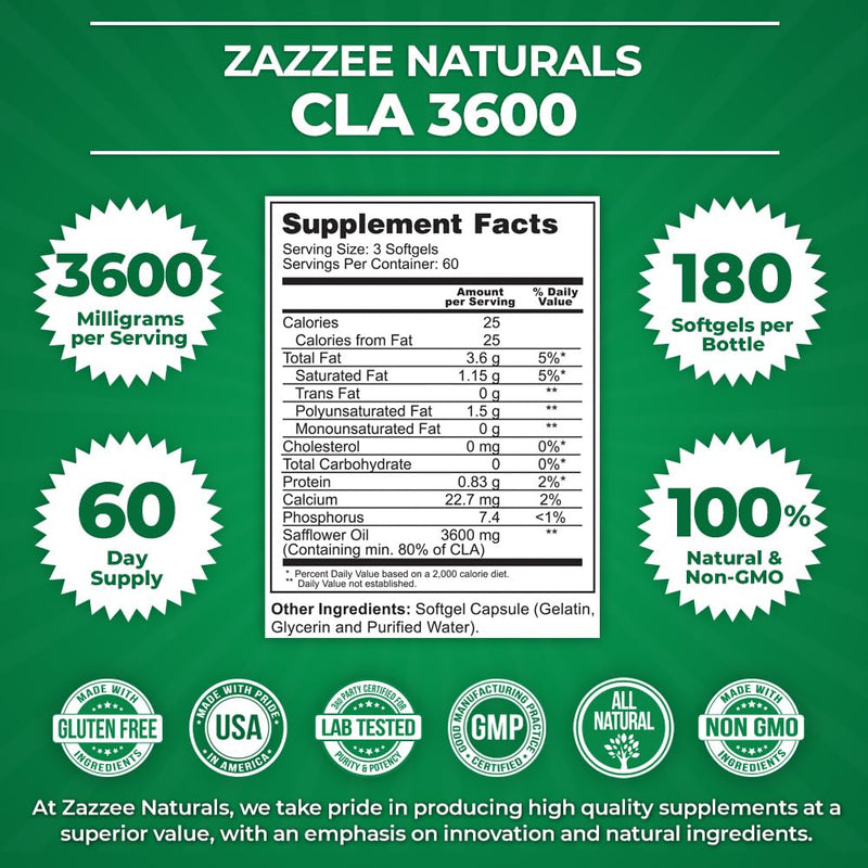 [Australia] - Zazzee High Potency CLA 3600, 180 Softgels, 3600 mg per Serving, Conjugated Linoleic Acid from Safflower Oil, Concentrated and Standardized, 60 Day Supply, Non-GMO and Made in The USA 
