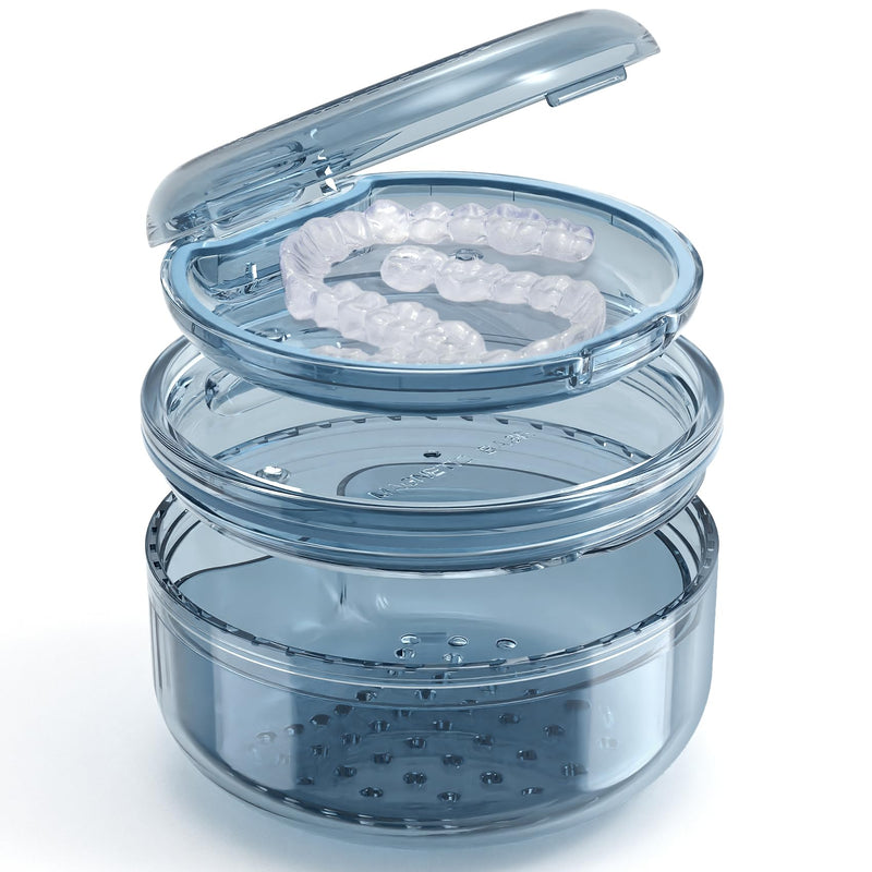 [Australia] - Denture Case Retainer Cleaning Case: 2 in 1 Retainer Case, No-Leak Denture Bath Box Cup, Complete Clean Care for Dentures, Clear Braces, Mouth Guard, Night Guard & Retainers Blue 