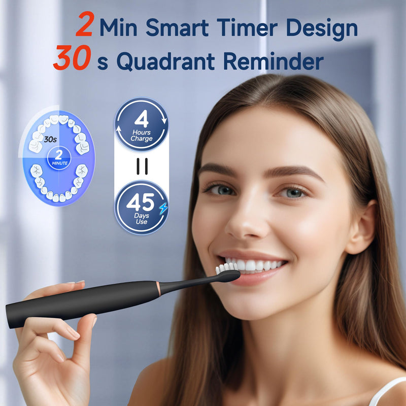 mornwell Sonic Electric Toothbrushes, Rechargeable Electric Toothbrush with 8 Brush Heads 76000 VPM Deep Clean 4 Modes, Travel Toothbrushes Fast Charge 4 Hours Last 45 Days for Adults and Kids Black 1 Count (Pack of 1)