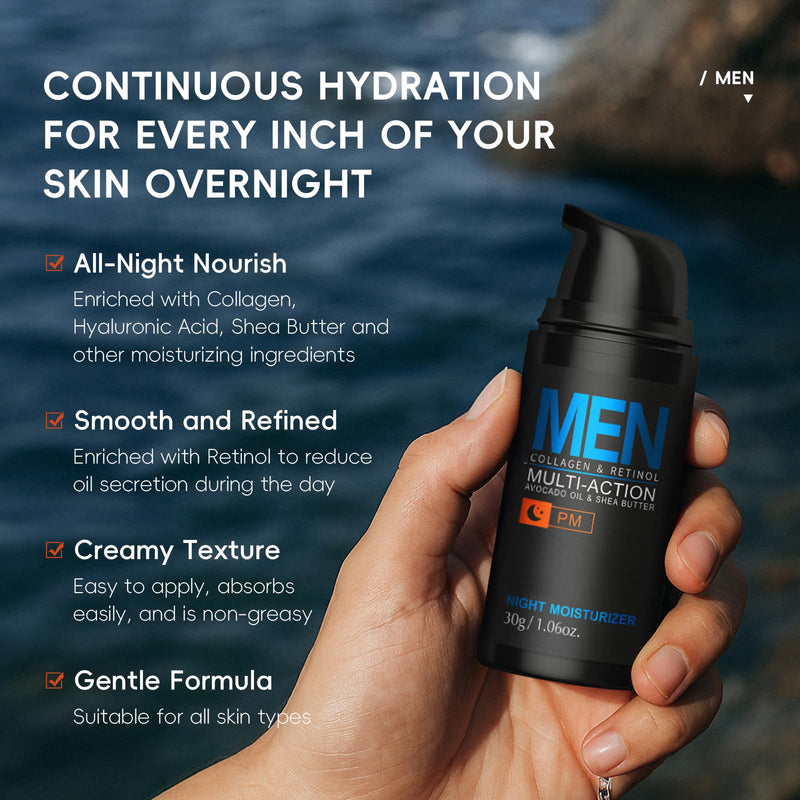 Mens Face Moisturizer Night Cream, Deep Hydrating Multi-Action Lotion, Vitamin E, Collagen & Retinol, Hyaluronic Acid, Firming Smoothing, Lifting, Mens Face Cream for Face & Neck Skin Care Night Moisturizer