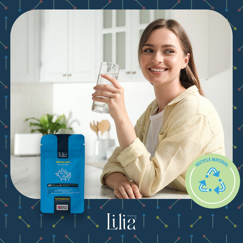 Lilia Derma Care Nail, Skin and Hair Supplements for Women and Men (60 Coconut Flavoured Tablets) Balanced Blend of Biotin, Silica and Hair Skin and Nails Vitamins - Skincare Made in UK