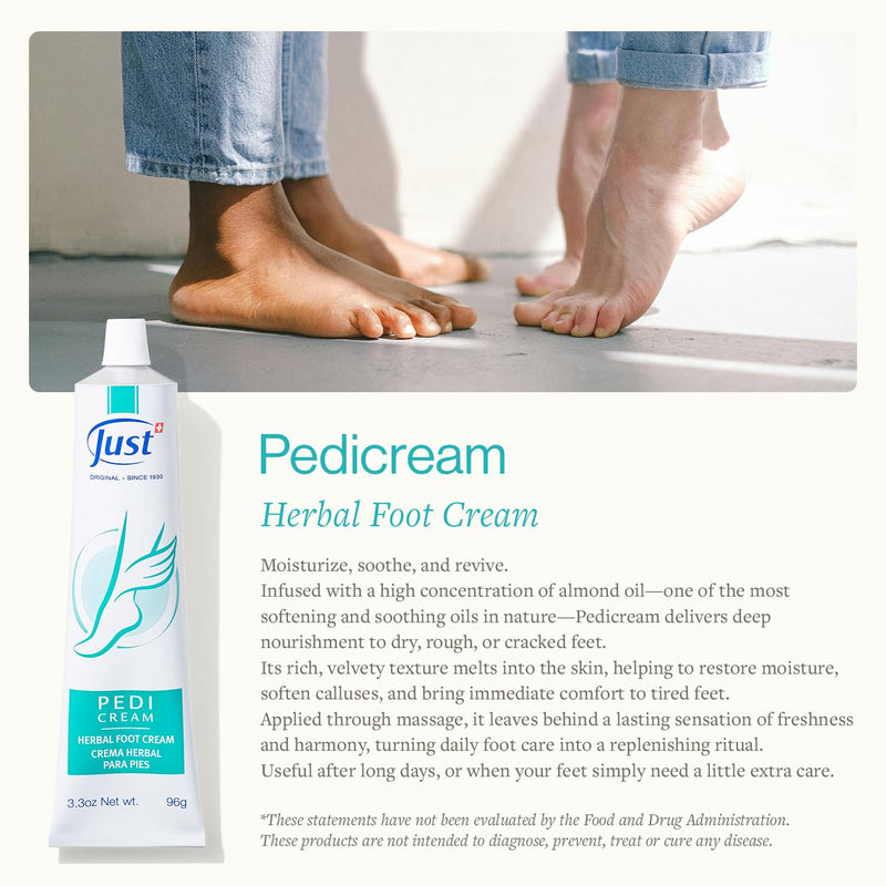 [Australia] - Swiss Just Pedicream Foot Cream 3.4 Fl oz- Nourishing Foot Care Kit with a High Concentration of Almond Oil for Skin - Soothing and Moisturizing Natural and Herbal Formula for Dry and Cracked Feet 