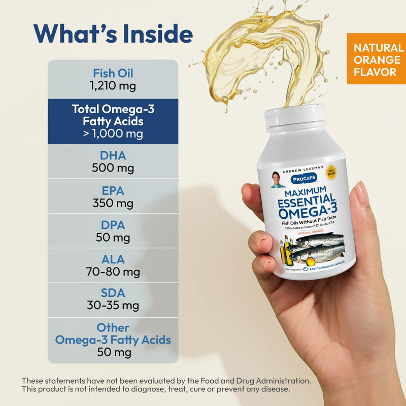 ANDREW LESSMAN ProCaps Essential Omega 3 Fish Oil 90 Softgels, Orange | Ultra-Pure Maximum Essential Omega-3 Fish Oil with EPA & DHA in Easy-to-Swallow Softgels for Daily Nutritional Support 90 Count (Pack of 1)