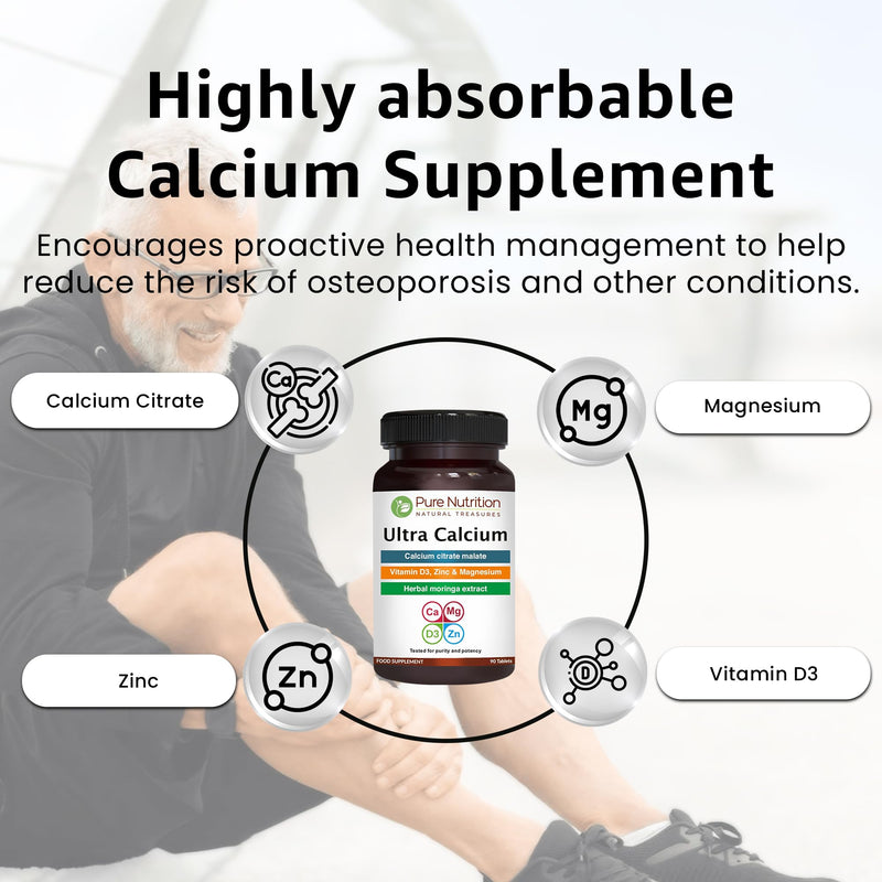 Pure Nutrition Ultra Calcium 1000mg with VIT D3 + K | 90 Tab X Pack of 2 (180 Tabs) | Highly absorbable Calcium Supplement with Calcium Citrate Malate, VIT D3, K