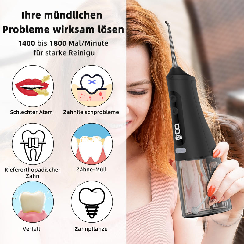 [Australia] - Powerful Oral Irrigator 9 Modes & 4 Nozzles Wireless Oral Irrigator IPX7 Waterproof Water Flosser 350ML Removable Water Tank for Home & Travel Black 