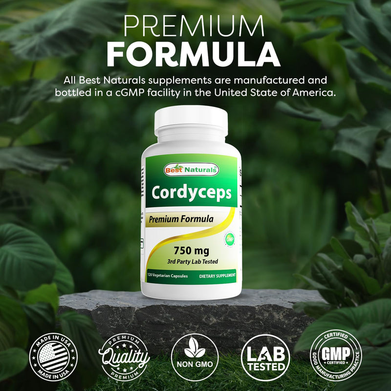 Best Naturals Cordyceps Sinensis Mycelium Mushroom Powder 750 mg 120 Veggie Capsules