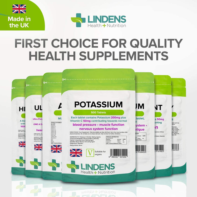 Lindens - Potassium 200mg, 500 Tablets - with 50mg Vitamin C Per Tablet - UK Made - Contributing to Normal Blood Pressure, Muscle and Nervous System Function - Letterbox Friendly, Vegan 500 count (Pack of 1)