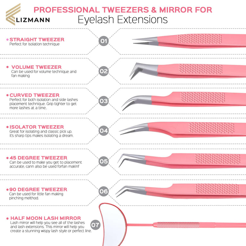 LIZMANN Eyelash Extension Tweezers (Pink Set of 7) – Professional Fiber Tip Lash Tweezers for Classic & Volume Lashes – Anti-Static Japanese Steel PACK OF 7 Pink
