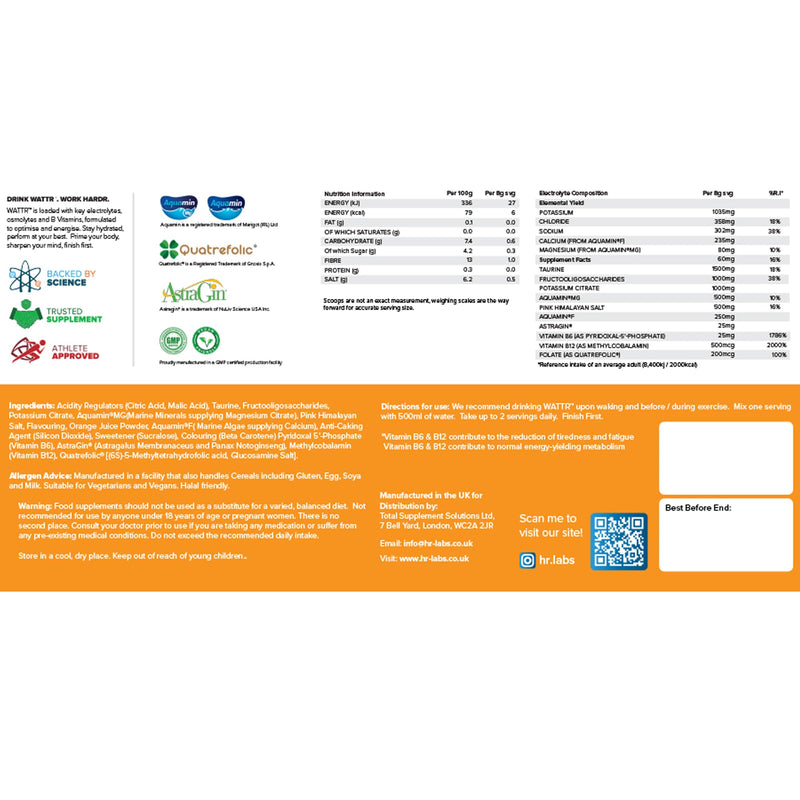WATTR™ Electrolyte Loaded Hydration Powder with Energising B Vitamins. 40 Servings, 320g, 7 Great Tasting Flavours (320g, Super Fresh OJ)