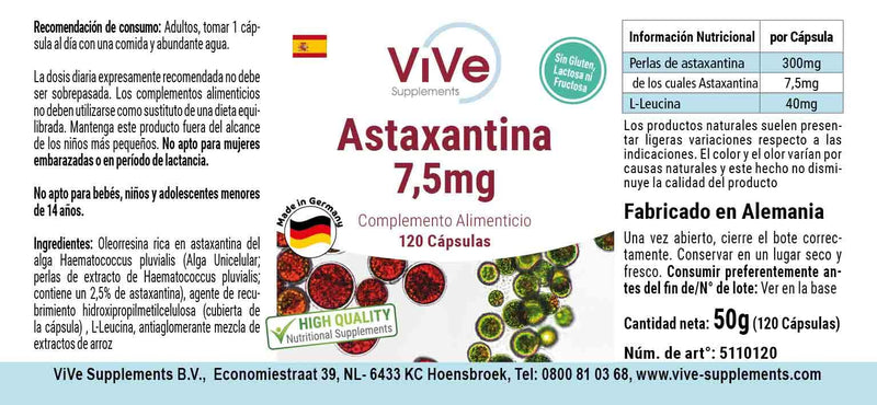 [Australia] - Astaxanthin 7.5 mg - 120 capsules - carotenoid - microencapsulated in beadlets - high dosage and vegan | Quality from Germany from ViVe Supplements 