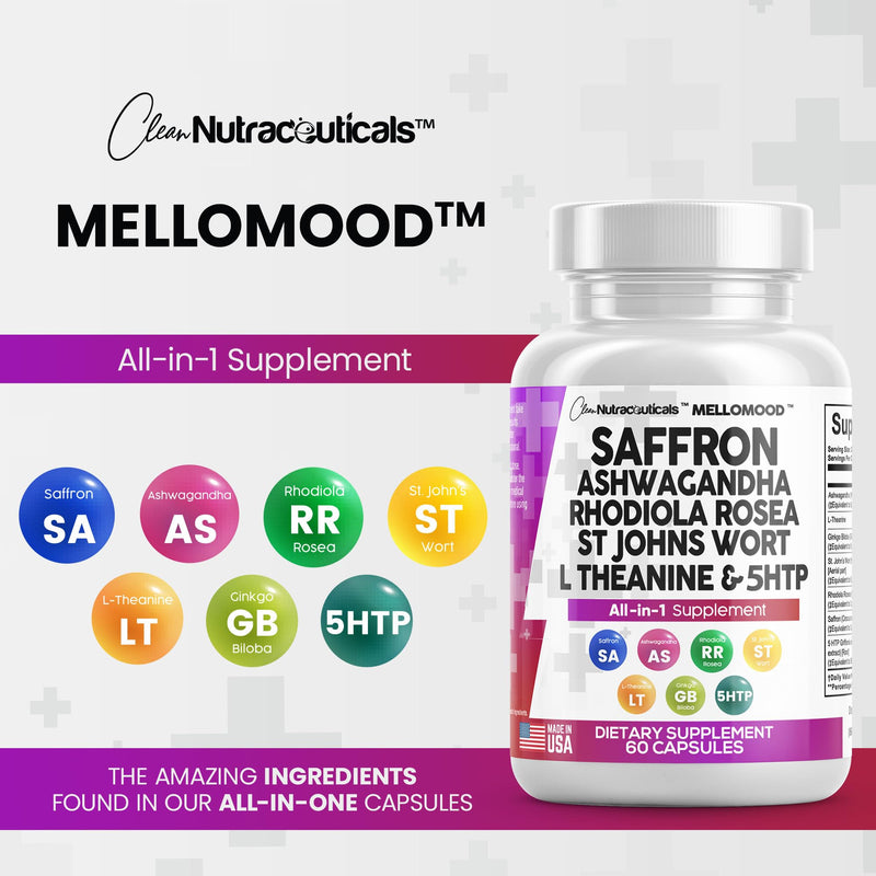 [Australia] - Clean Saffron Supplements with Ashwagandha 8000mg - Mood Support with L-Theanine 200mg, Ginkgo Biloba 6000mg, St. John's Wort 6000mg, Rhodiola Rosea 3000mg & 5-HTP 500mg - Saffron Pills Capsules USA 