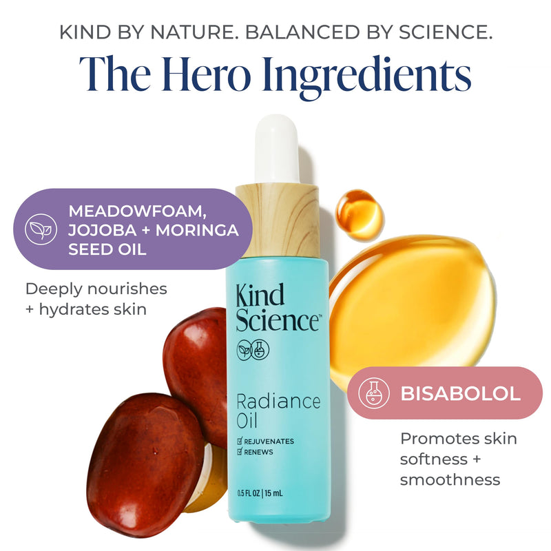 Kind Science Radiance Face Oil - Hydrating with Vitamin E, C & A, Bakuchiol, Jojoba & Moringa Oil - Anti Aging to Give Skin a Fresh, Dewy Look - Vegan, Paraben Free, Cruelty Free, 0.5 fl oz