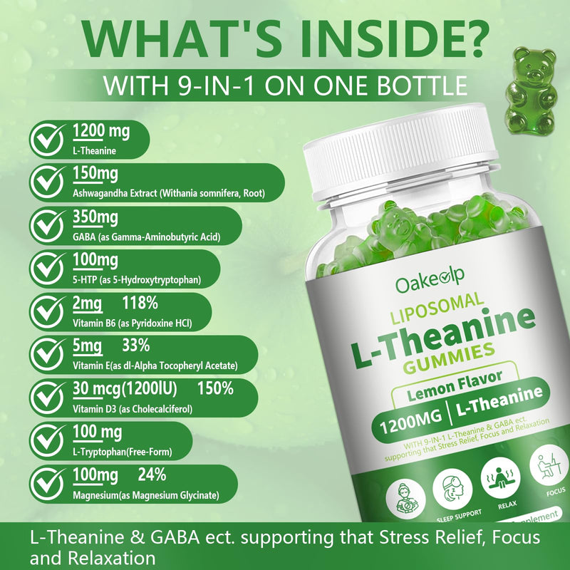 [Australia] - Liposomal L-Theanine 1200mg Gummies,Complex Magnesium GABA,5-HTP,Ashwagandha etc for Calm, Zzz & Relaxation Support for Adults,Children & Elderly,Liposomal Enhance 98% Absorption 60 Count (Pack of 2) 
