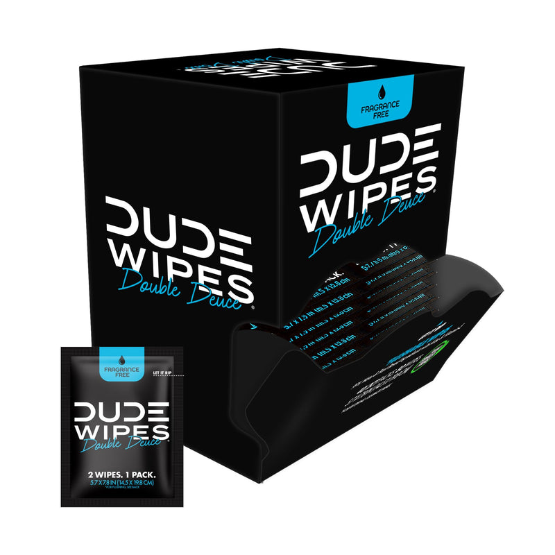 DUDE Wipes Double Deuce On-The-Go Flushable Wipes, 2 Per Pack, 80 Count | 40 packs of 2 unscented flushable butt wipes. Travel essentials. Hypoallergenic, 99% water, vitamin E and aloe. Septic safe. Fragrance Free 80 Count (Pack of 1)