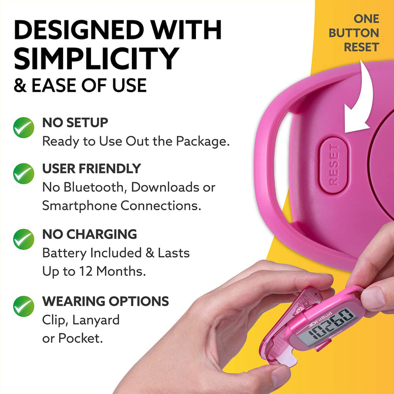 3DFitBud Simple Step Counter Walking 3D Pedometer by 3DActive with Clip, Lanyard Accurate Step Tracker Large Display, Easy to Use for Kids Men Women Adult Seniors Daily Step Tracking - A420S Pink