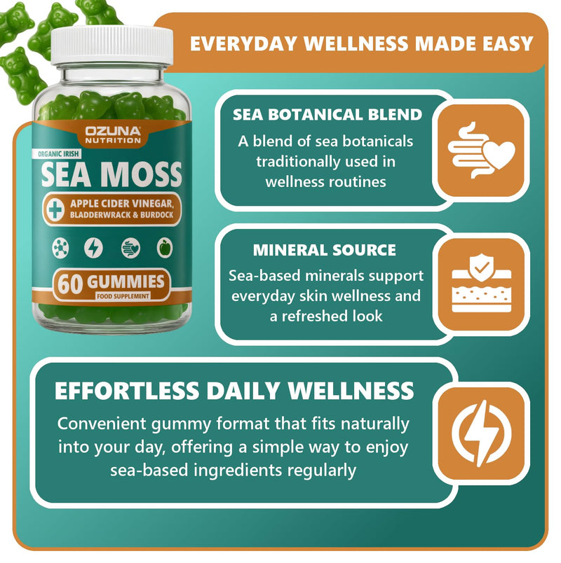 Sea Moss Gummies with Apple Cider Vinegar, Bladderwrack & Burdock | 60 Vegan Gummies | Green Apple Flavour | Irish Sea Moss Gummy | Daily Wellness & Routine Support