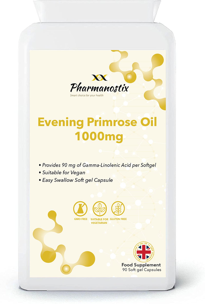 Evening Primrose Oil 1000mg 90 Vegan Softgel Capsules - Cold Pressed - High GLA Formulation with Vitamin E - No GMOs - UK Made by Pharmanostix