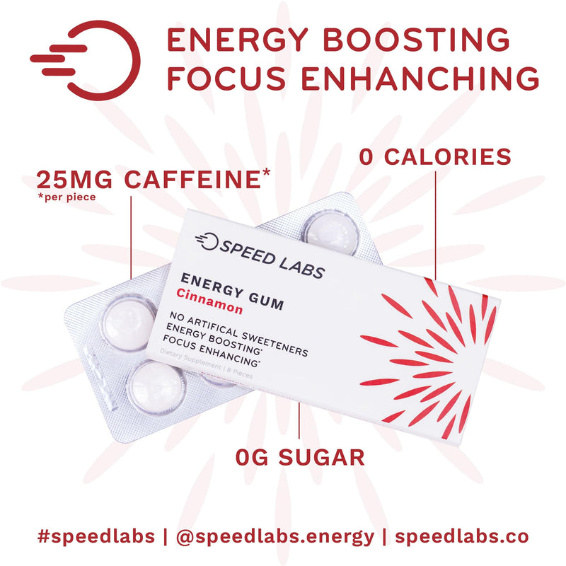 [Australia] - Speed Labs Cinnamon Natural Caffeine Energy Gum 25mg Caffeine, Taurine, B Vitamins Per Piece, 48 Pieces (6 Packs of 8) Sugar Free, Zero Calories, Naturally Sweetened, Gluten Free 