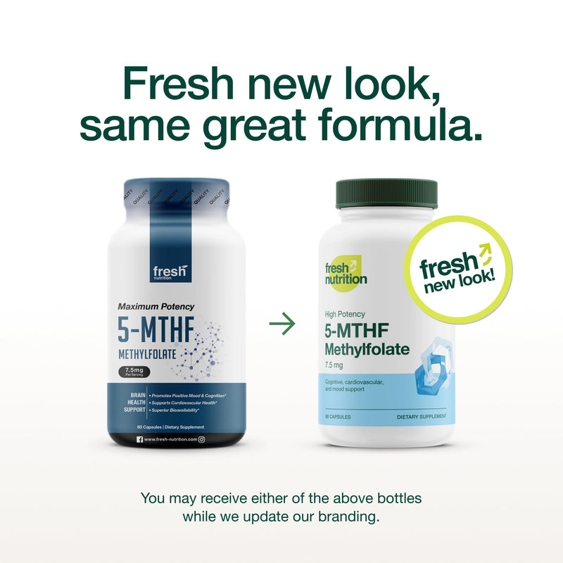 Fresh Nutrition L Methylfolate 7.5mg – Maximum Potency – Superior Bioavailability – 5-MTHF Methyl Folate for Mood, Cognition, Immunity, Cardiovascular, Neurological, Reproductive Health - 60 Capsules 7.5mg 60 Capsules