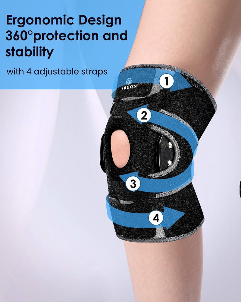 ABYON Hinged Knee Brace for Men & Women Meniscus Tear, ACL/MCL Pain, Arthritis - Maximum Knee Support with Metal Side Stabilizers, Adjustable 360° Wraparound Strap for Knee Pain and Post-Surgery Recovery - Please Check How To Size Video X-Large