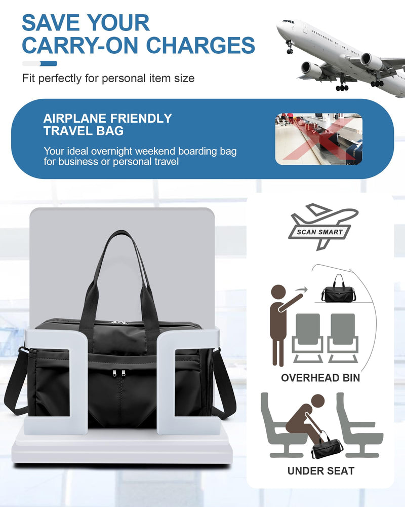 Gym Bag for Women with Shoe Compartment, Sport Travel Duffel Bag for Men | Waterproof Weekender Overnight Carry on Duffle Bag with Trolley Sleeve for Traveling, Yoga, Gym, Airplane -Black A-Black