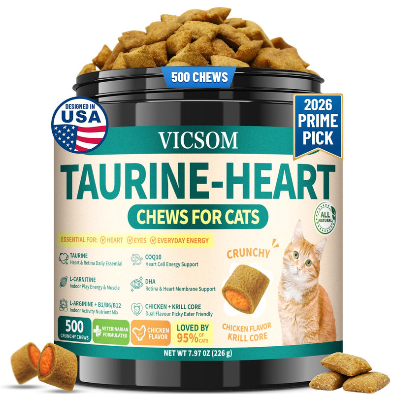 VICSOM Taurine for Cats, 500 Taurine+Coq10 Chews for Heart, Retina, Immune & Muscle Energy Support, Advanced Taurine Supplemen for Cats, Cat Treats with Omega-3, L-Carnitine, L-Arginine Chicken Taste