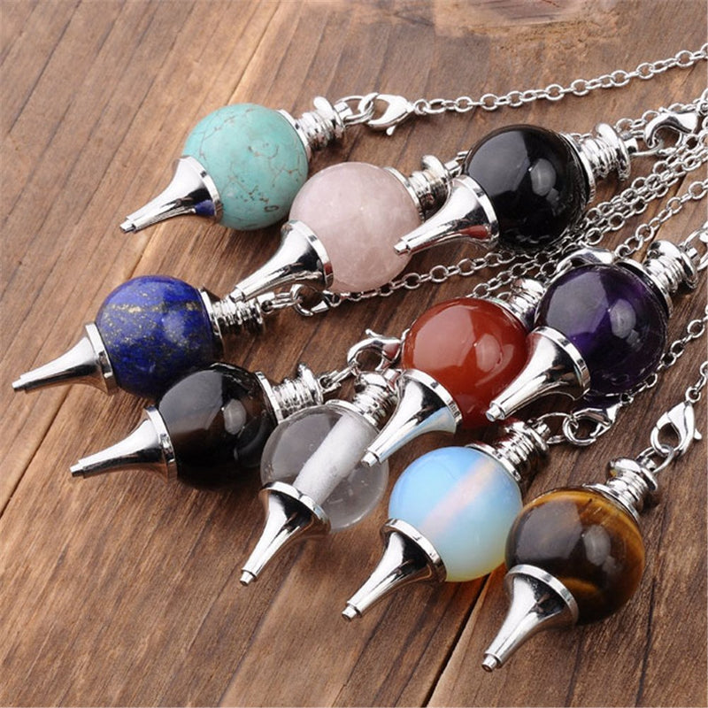 Jovivi 10pcs Beautiful Crystal Pendulums Dowsing Chakra Pendant With Chain,Natural Amethyst Rose Quartz Tiger Eye Obsidian Lapis Lazuli Turquoise Gemstone Reiki Pendant Pendulum Mixed 10pcs