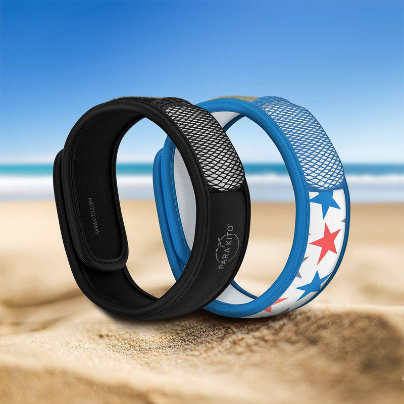 [Australia] - PARA'KITO Mosquito Repellent Bracelets + Refill Pellets Bundle, Mosquito Bracelets, Peppermint Oil, DEET Free Mosquito Repeller, Hiking Accessories, 2 Wristbands & 2 Refills (Black + Stars) Black/Stars 