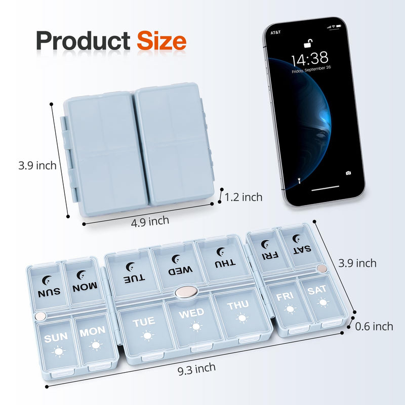 FYY Weekly Pill Organizer 2 Times a Day, Travel Pill Box 7 Day -Blue | AM PM Pill Case,Easy to Use,Privacy Protection,Magnetic Medicine Pill Organizer for Medication,Vitamins,Fish Oils,Supplements Blue Closed size: 4.9 x 3.9 x 1.2 Inch