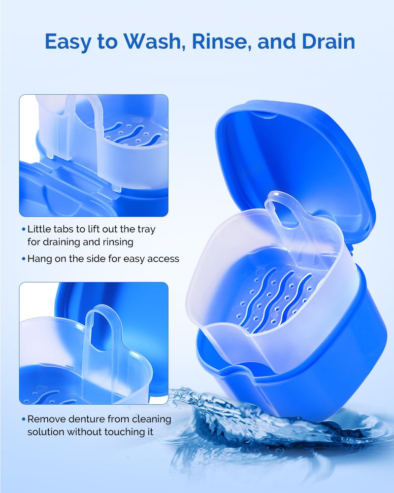 [Australia] - JMU 2pcs Denture Bath Case, Denture Cup for Soaking Dentures with Strainer Basket Tray for Dentures, Mouth Guard Storage Case (Navy Blue/Teal Blue) Navy Blue,Teal Blue 