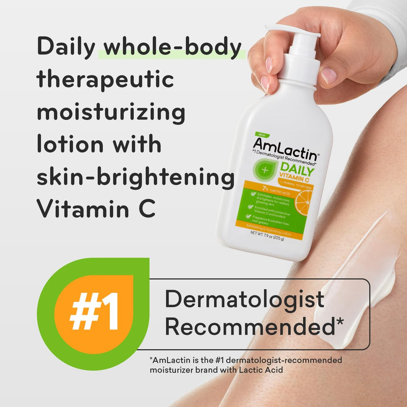 AmLactin Daily Vitamin C Lotion, 7% Lactic Acid, Dry Skin, 7.9 oz | Vitamin C plus 7% lactic acid body lotion brightens, exfoliates and moisturizes dry skin for smoother-looking tone. 7.9 Fl Oz (Pack of 1)