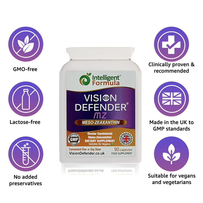 [Australia] - Vision Defender Meso Zeaxanthin Vegan Eye Supplement MZ- Protect and Improve Ocular Health & Eye Care, High Strength Antioxidant Carotenoid Meso-Zeaxanthin for Eyes (90 Capsules/One Daily) Made in UK 