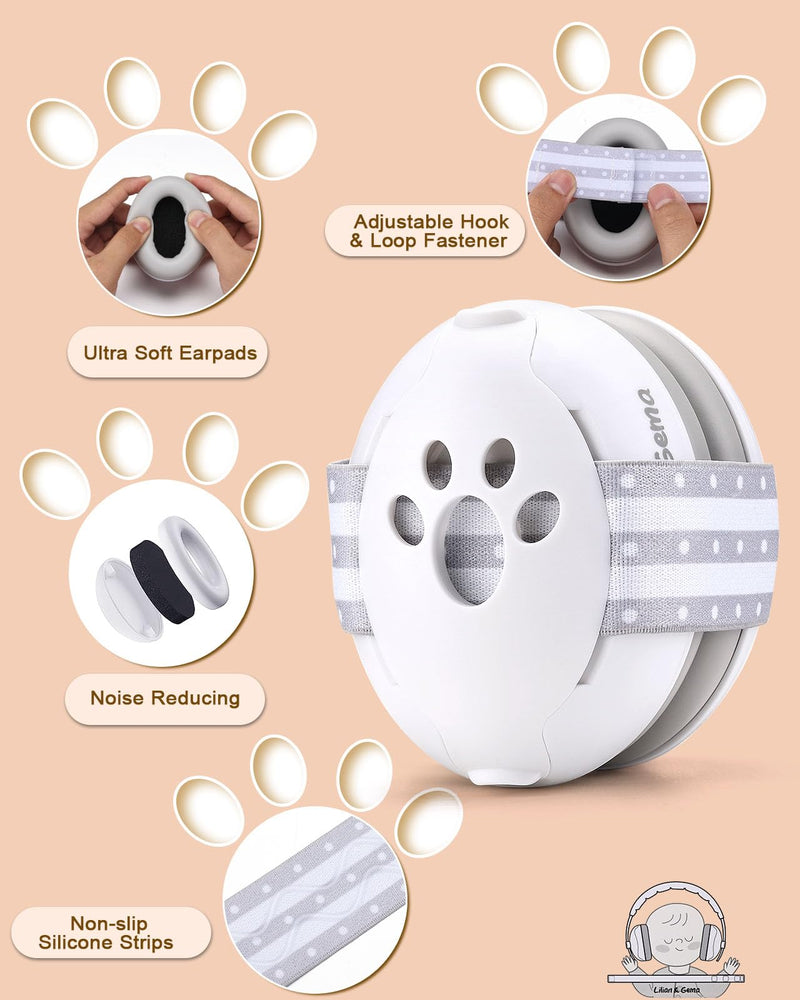 [Australia] - Lilian&Gema 2-in-1 Baby Ear Muffs Noise Protection, Adjustable Baby Headphones with Stretchy Band, Noise Cancelling Headphones for Baby & Toddler up to 4 Years, Baby Airplane Essentials/Outdoor, White 