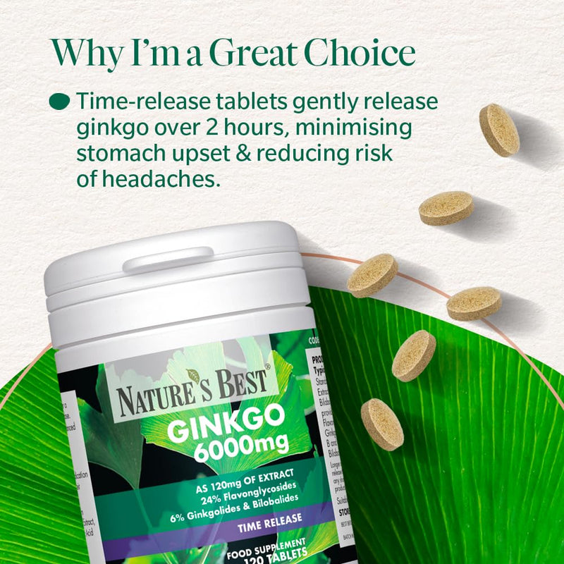 Nature's Best Ginkgo Biloba 6000mg - High Strength - Pure Grade Extract and Time Release Formula - UK Made - 120 Vegan Tablets (2 Months' Supply)
