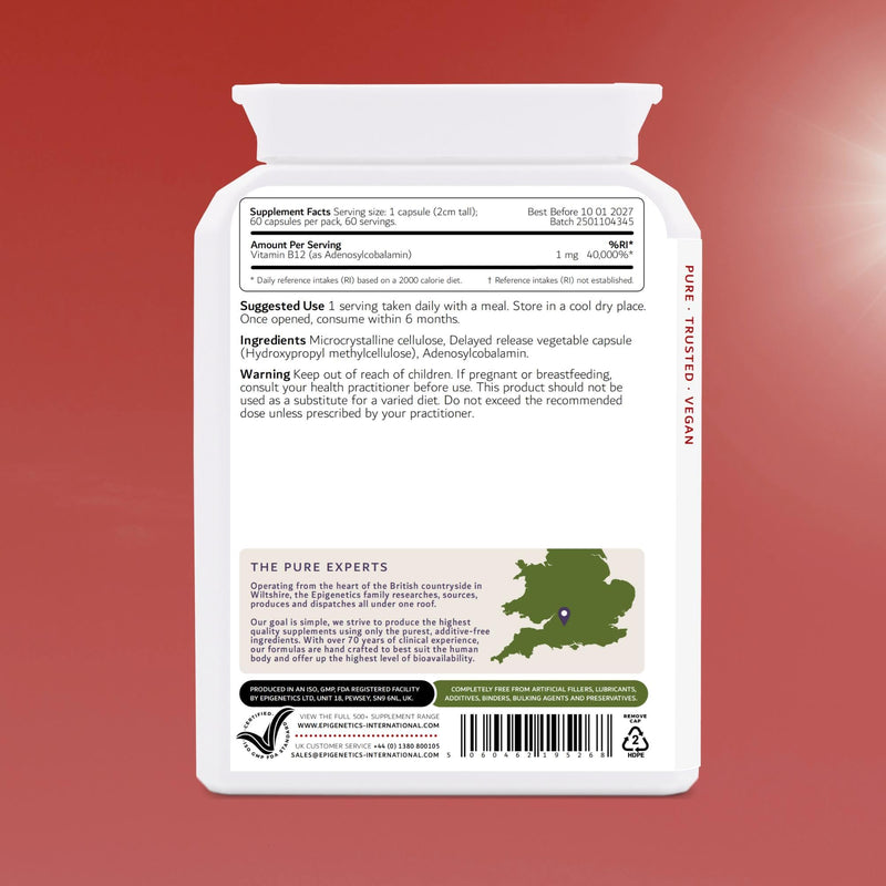 Vitamin B12 Adenosylcobalamin Delayed Release | High Strength 1000mcg Vitamin B12 Supplement | 60 Vegan Friendly Capsules | Made in UK by Epigenetics Supplements