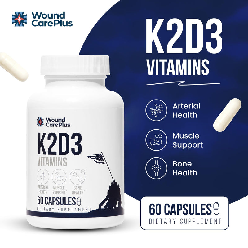 Wound Care Plus Vitamin K2 + D3 Supplement – Helps Maintain Healthy Bones, – Essential Vitamins for Cardiovascular & Skin Wellness – 60 Capsules – Non-GMO, Gluten-Free