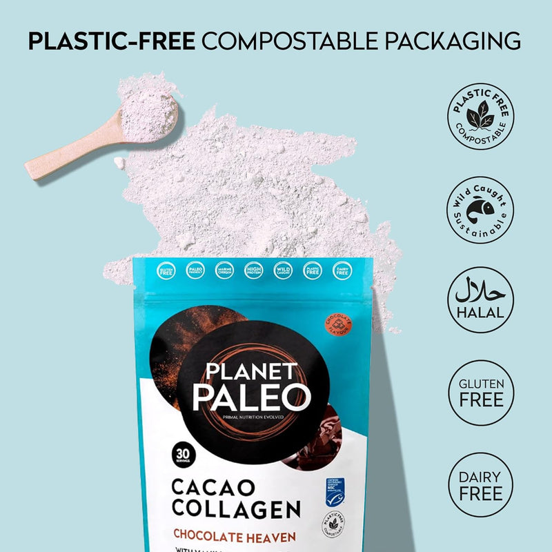 Planet Paleo Marine Collagen with Cacao (285g, 30 Servings) - MSC Certified, Wild Caught Marine Collagen | Type 1 Collagen, Protein-Rich, for Healthy Skin, Hair and Nails, Tissue Repair