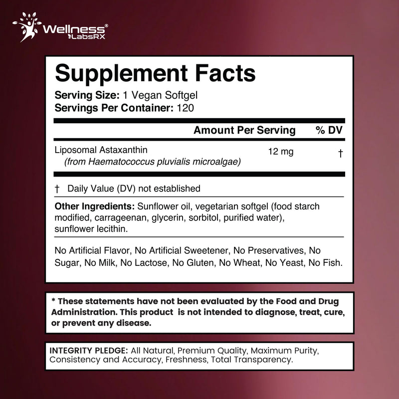 Liposomal Astaxanthin Supplement 12mg, 120 Vegan Softgels, 4 Month Supply | Natural Haematococcus Pluvialis Source, Skincare and Eye Support, Antioxidant Support, Eye Health Vitamins Astaxantina
