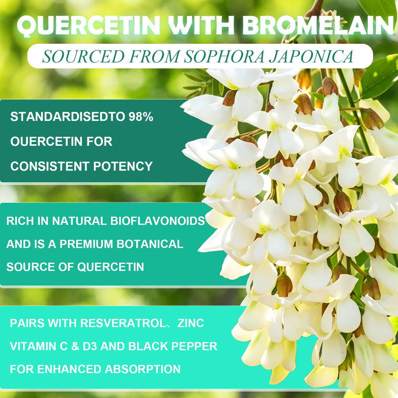 Quercetin with Bromelain, Extra Strength Quercetin 1000mg & Bromelain 500mg | with Zinc Vitamin C & D3, Healthy Immune System & Seasonal Allergy Health for Women Men, Liposomal Quercetin Phytosome, 120Ct