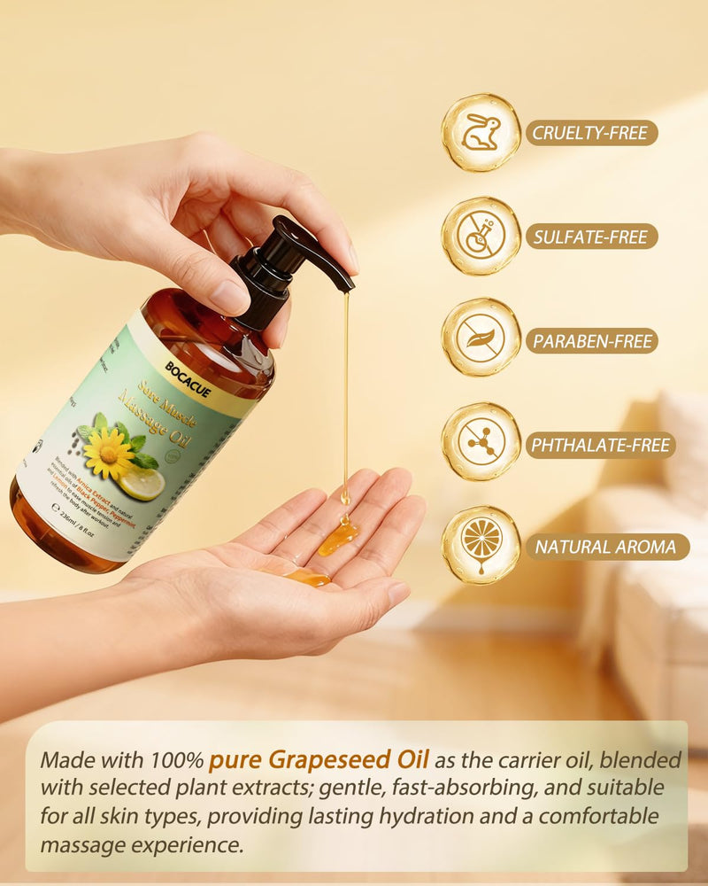 Sore Muscle Massage Oil for Massage Therapy, Arnica Oil for Muscle Relaxing & Lymphatic Drainage with Black Pepper, Peppermint & Grapeseed Oil, Essential Oils for Skin & Body Care, 8 fl oz