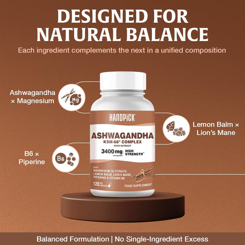 HANDPICK KSM-66 Ashwagandha 3400 mg (120 Capsules | 2 Month Supply) – Extra Strength 10:1 Extract with Magnesium, Lemon Balm, Lion’s Mane & Vitamin B6 – Supplement for Men & Women