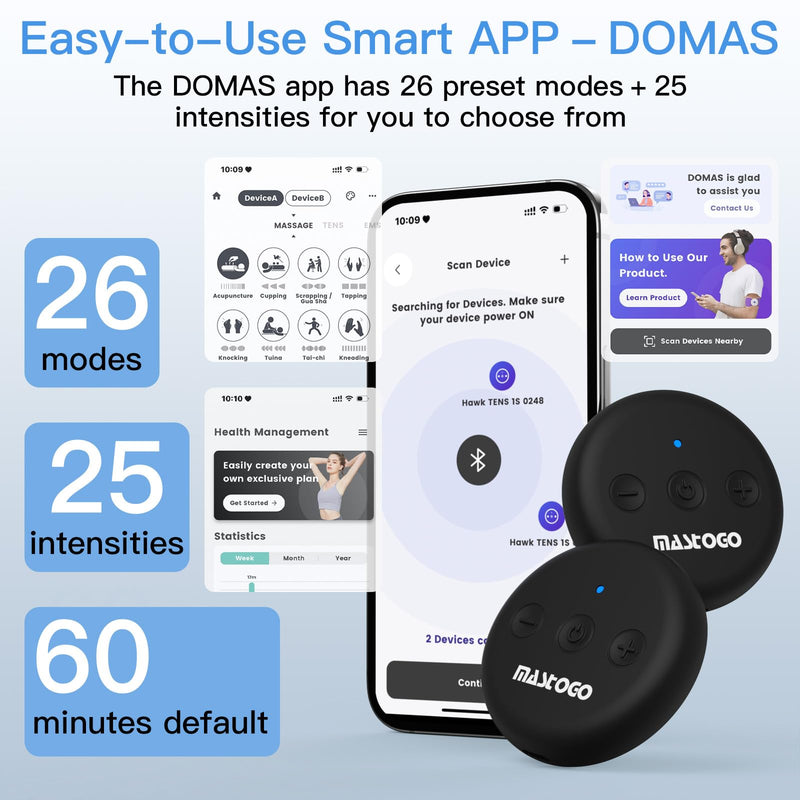 Dual Host Wireless TENS Unit Muscle Stimulator with APP Control | 26 Modes, 25 Intensity Levels, App and Button Controls, 4-in-1 Functionality (TENS, EMS, MAS, FEMALE), Independent Control