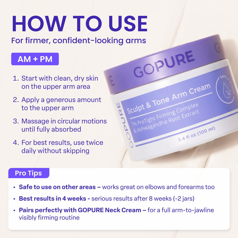 goPure Sculpt & Tone Arm Cream - Firming & Tightening Cream - Smooths, Lifts, Sculpts the Look Of Arms - ProTight Complex - Rice Protein, Shea Butter, Avocado - Clinically Tested - All Skin Types