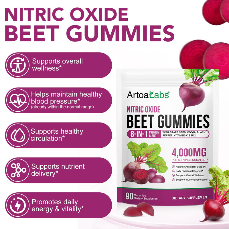 Beet Root Gummies,90 Heart Health Chews for Blood Pressure Support Supplements,Red Beets Supplements with Beetroot, Grape Seed, Coq10,B Vitamins,90 Beet Chews
