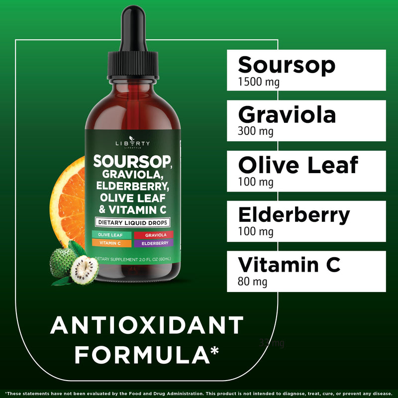 Liberty Lifestyle Soursop Liquid with Soursop Fruit and Leaves, Elderberry, Vitamin C and Olive Leaf - Multimineral & Vitamins Superfood - 8 oz 8 Fl Oz (Pack of 1)