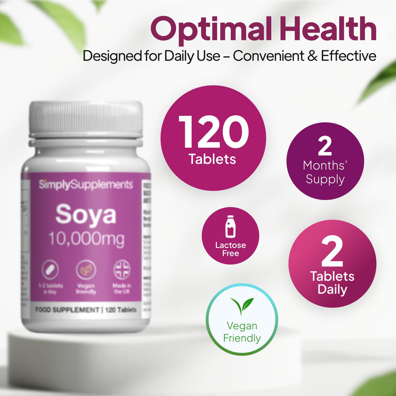 SOYA 10,000mg | Supports Hormonal Balance with Vitamin B6 | Potent Daily Formula | Vegan and Vegetarian Friendly | 120 Tablets = 2 Months' Supply | Manufactured in The UK Unflavoured 1 count (Pack of 120)